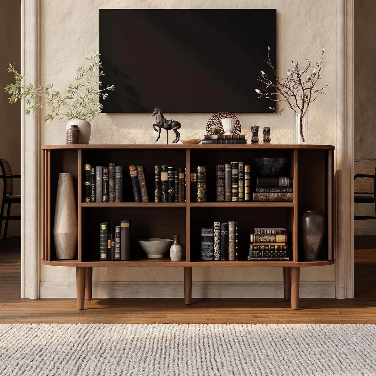 55" Sideboard Cabinet Buffet Storage - Mid-Century Modern Coffee Bar Table w/2 Doors, Adjustable Shelves, Walnut Finish | Kitchen, Dining Room Furniture