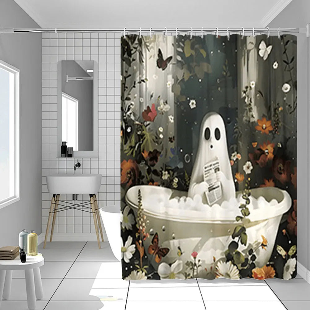 Cute Cartoon Ghost Shower Curtain Set Halloween Shower Curtain Washable Bathtub Curtain Polyester Fabric Spooky Bathroom Curtain
