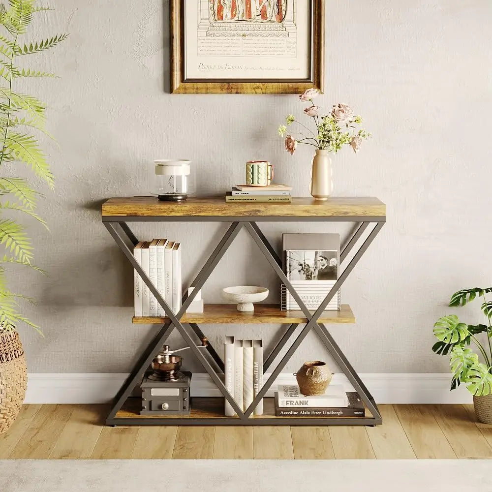 3-Tier Console Table, Slim Entryway Sofa Table with x-Shaped Metal Legs, Open Storage Shelves, for Living Room/Hallway, Rustic Farmhouse Style
