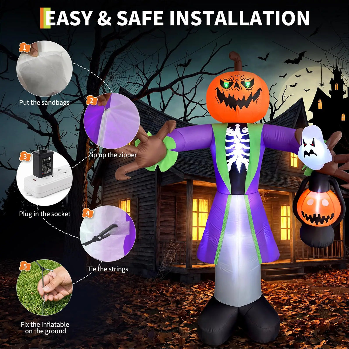 8FT Halloween Inflatable Pumpkin Zombie With Lantern And 7 LED Lights, Outdoor Toy Yard Decoration For Lawn Porch Party Garden