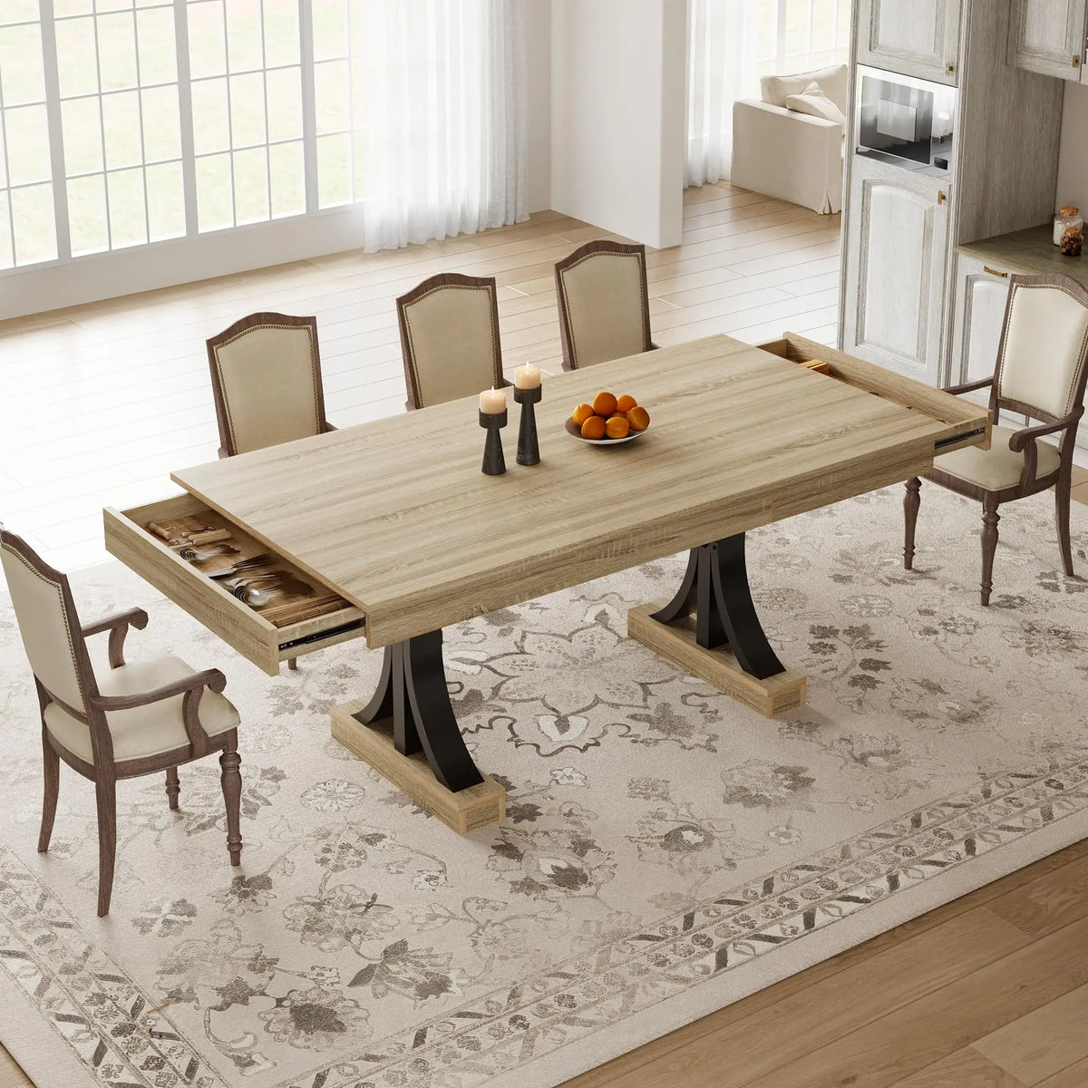 HiMISS Industrial Dining Table With Drawers And Pedestal Base