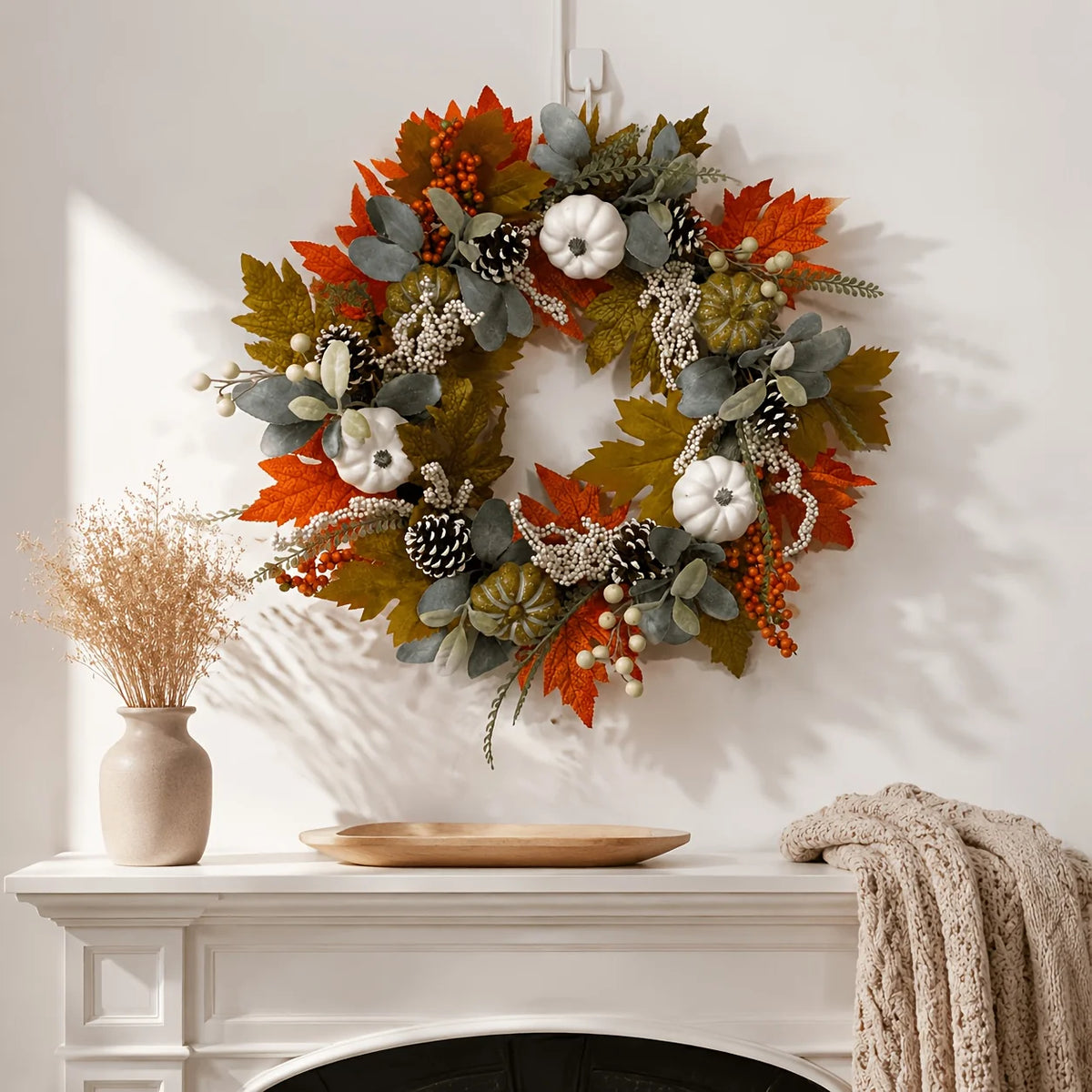 1pc Fall Artificial Pumpkin Wreath with Maple Leaves, Berries, Pinecones And Eucalyptus, Thanksgiving Halloween Home Door And Wall Decor