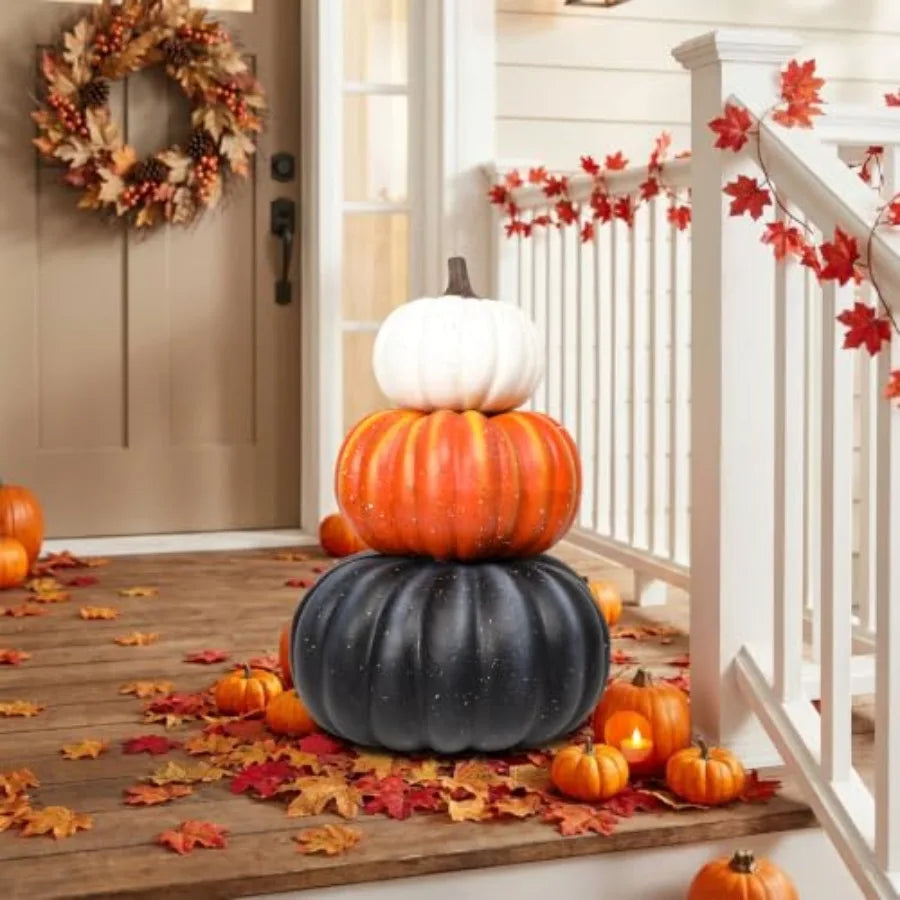 Porch autumn decor: 23-inch stacked faux pumpkins in black, orange, white; 3-tier stackable design for Halloween, Thanksgiving,