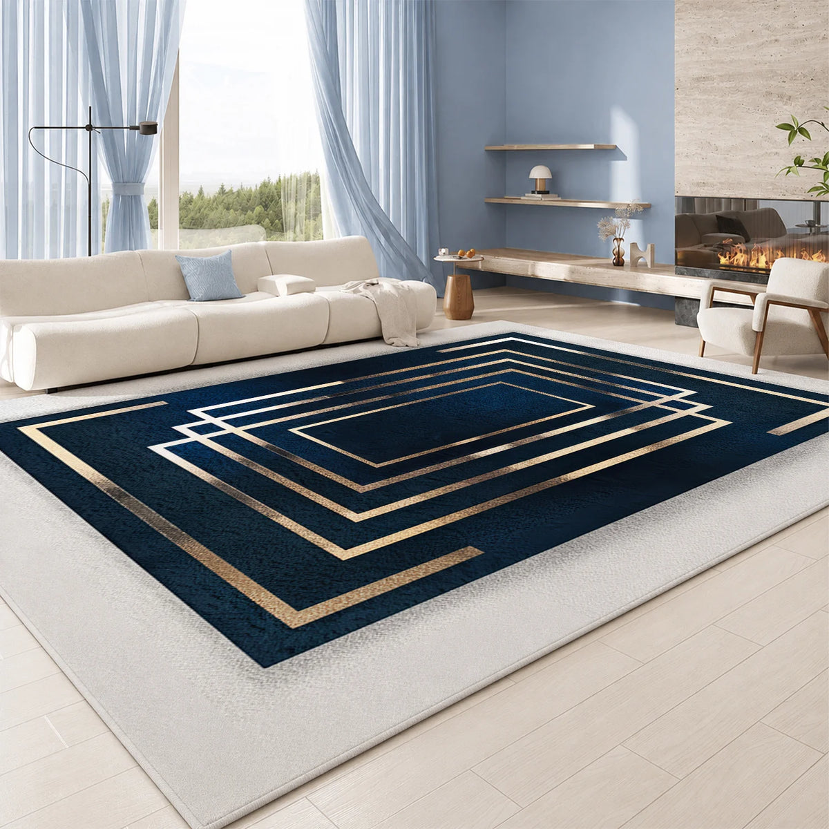 Large Indoor Area Rug, Soft Velvet Low Pile Non-Slip Dotted Backing Machine Washable, Navy Blue & Gold Geometric Rectangular Pattern, Ideal for Living Room Bedroom Entryway Home Floor Decor