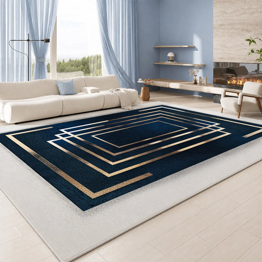 Large Indoor Area Rug, Soft Velvet Low Pile Non-Slip Dotted Backing Machine Washable, Navy Blue & Gold Geometric Rectangular Pattern, Ideal for Living Room Bedroom Entryway Home Floor Decor