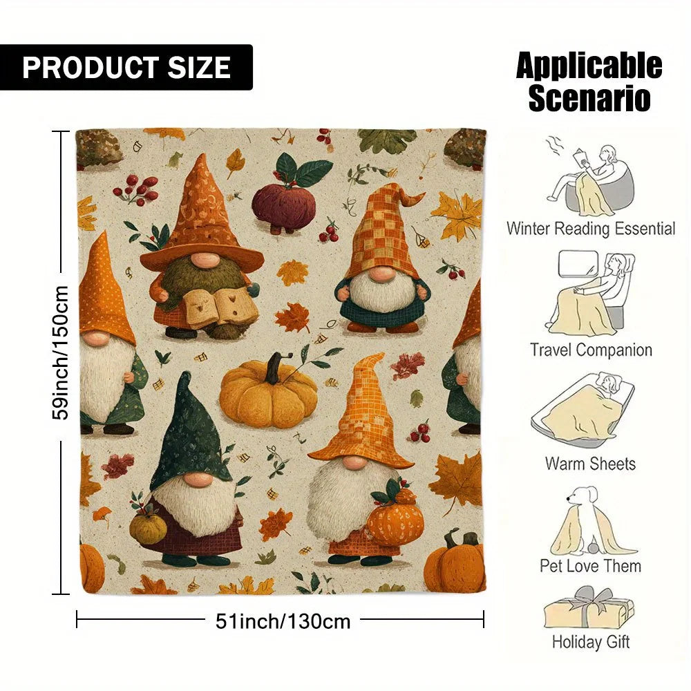 1pc Warm Thanksgiving Gnomes Printed Flannel Throw Blanket - Suitable for Bed, Sofa, Floor, and Office - The Perfect Comfortable Experience for All Seasons