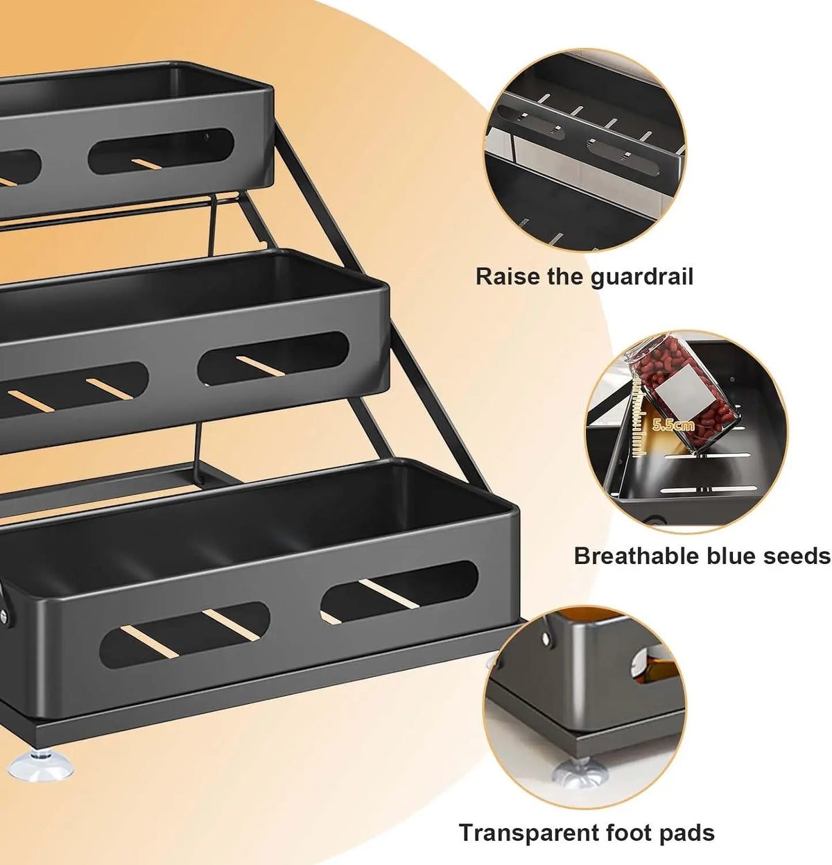 3-Tier Foldable Spices Rack, Adjusted Height 10-10.8Inch Carbon Steel Tiered Spice Rack with Non-Slip Suction Cups,Space-Saving Spice Rack Organizer for Cabinet
