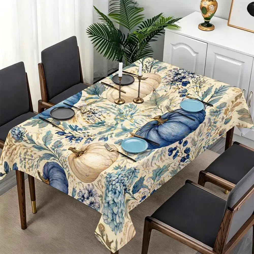 Stylized Blue Pumpkin Tablecloth - Cream Background with Leafy Foliage Print, Rectangular Polyester Dining Decor for Autumn Harvest, Indoor Kitchen And Party Use