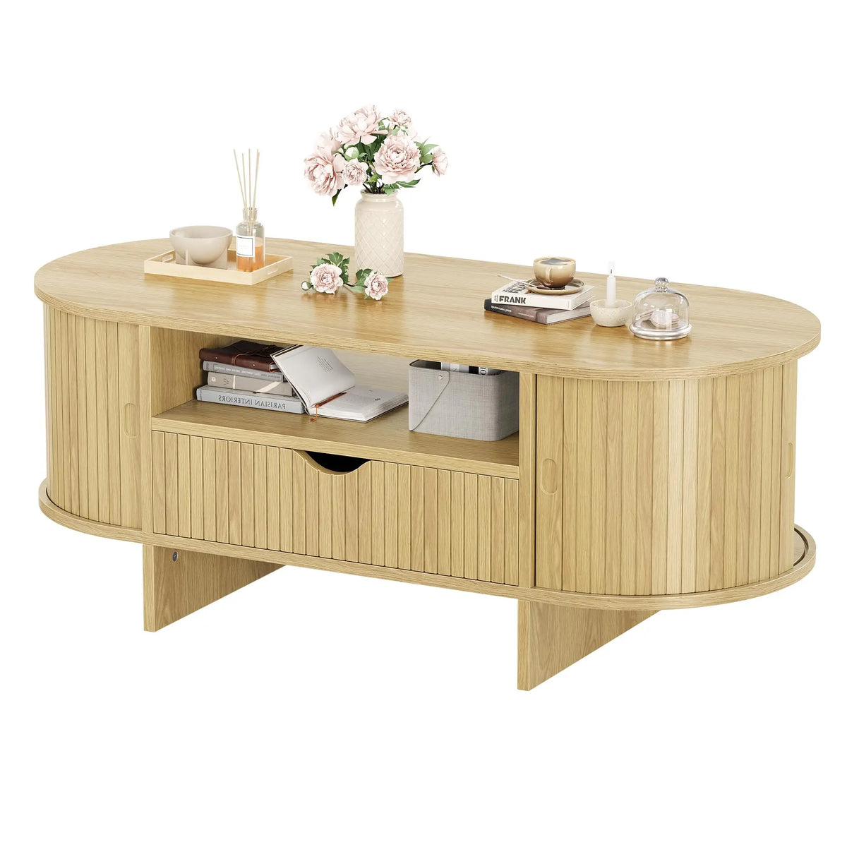 HiMISS Modern Fluted Oval Coffee Table With Storage Cabinet