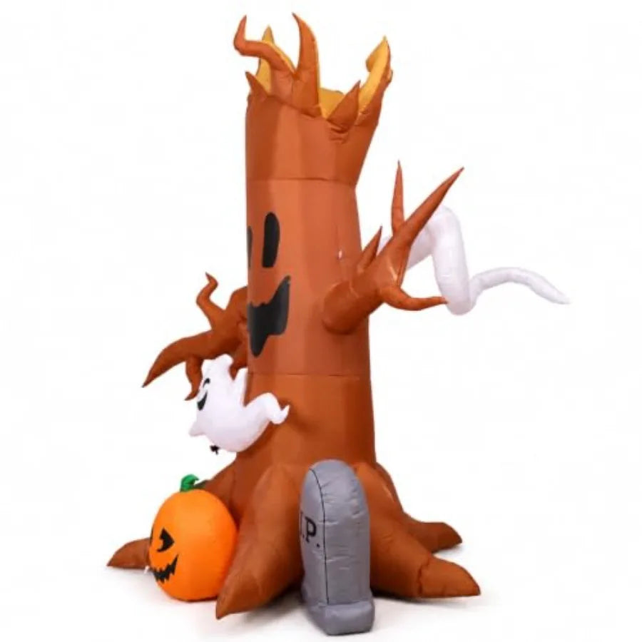 8FT Halloween inflatable ghost tree decoration with pumpkins and tombstone for outdoor lawn garden use, polyester material, whi