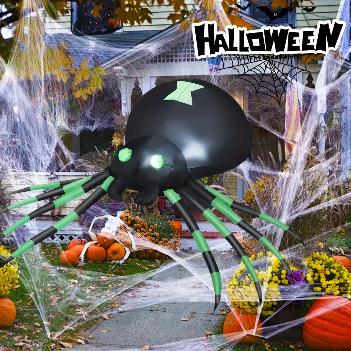 Giant 7.2FT LED Glowing Inflatable Spider Creepy Blow Up Yard Decor with Stakes & Blower, Outdoor Halloween Airblown Spider for Lawn Garden Party Quick Setup & Fast Deflate Design USA Warehouse Fast Shipping