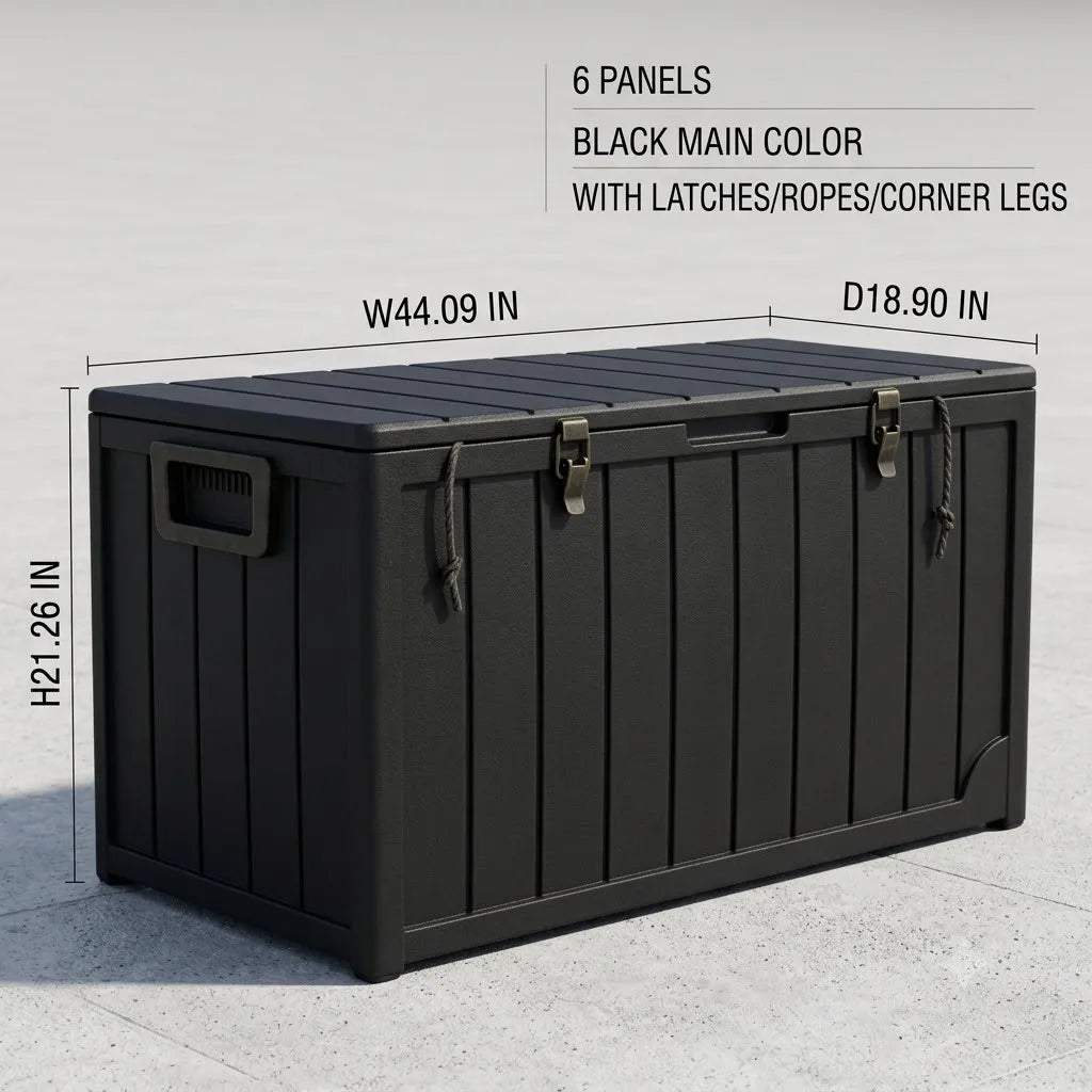 Oversize 44.09×18.90×21.26 Inch Outdoor Plastic Storage Box, Beige Heavy Duty Tool Chest with 6 Split Panels. Comes with 3 latches, 2 connecting ropes & 2 rolling wheels. Waterproof UV-resistant hard plastic, large capacity