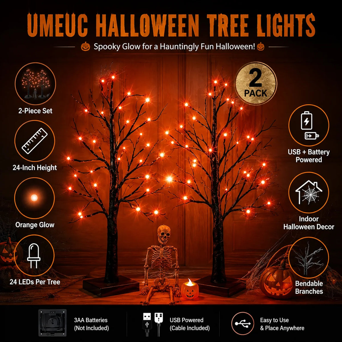 Halloween Tree Lights, 2 Pack LED Orange Purple Halloween Decor 2 Pack Halloween Tree Lights with 48 LEDs, Orange & Purple Glow, USB and Battery Powered for Indoor Halloween Decorations
