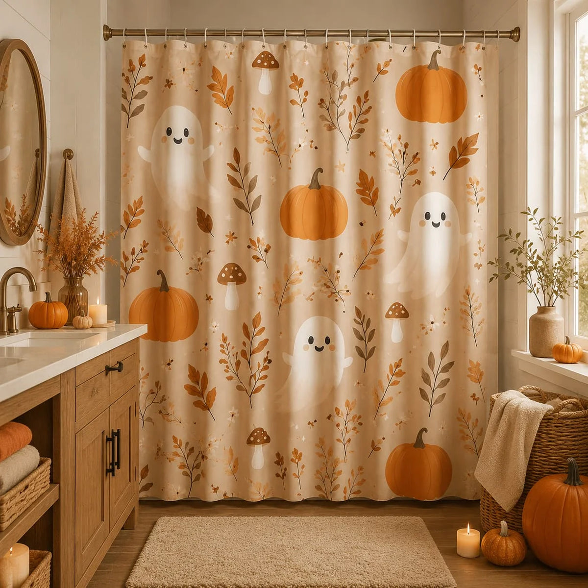 Fall Pumpkin Shower Curtain 71x71 Inches Shower Curtain with 12 Hooks Beige Rustic Autumn Leaf Mushroom Farmhouse Bathroom Decor