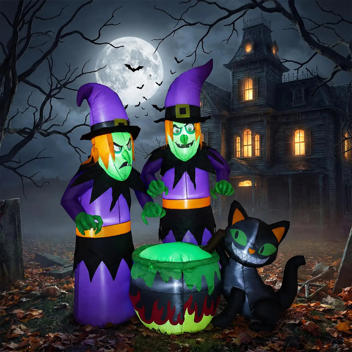 6ft Halloween Inflatable Witch Sisters Black Cat Cauldron With 6 Led Lights, Outdoor Yard Decor Blower For Lawn Porch Garden