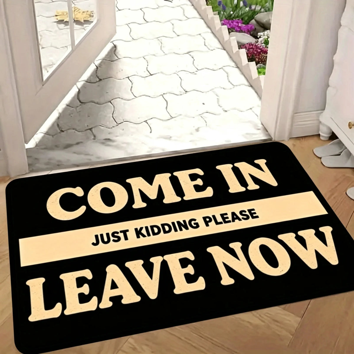 1 Fun Welcome Door Mat "Welcome Joke, Please Go Home" - Durable machine washable indoor and outdoor anti slip floor mat, rectangular door mat made of flannel material, bold text design, suitable for indoor/outdoor use