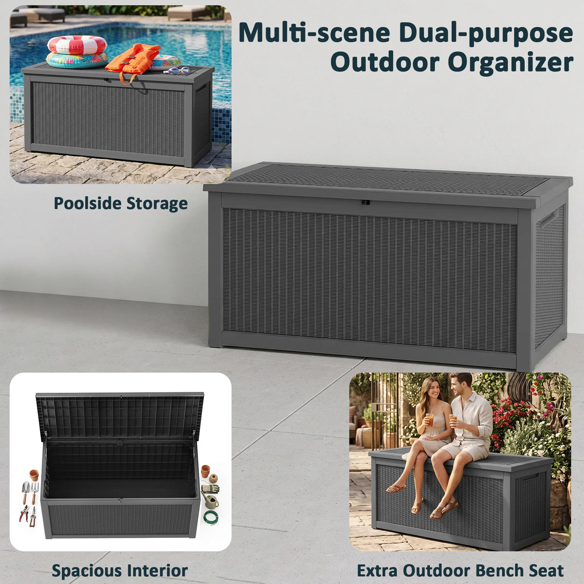260 Gallon Weather Resistant Resin Deck Storage Box Lockable Waterproof Outdoor Patio Garden Pool Storage Chest for Cushions Tools Supplies