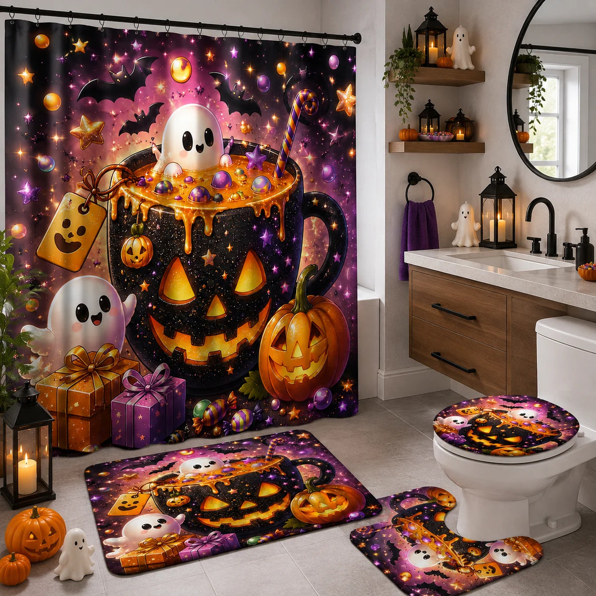 4pcs Halloween Glitter Star Pumpkin Mug Cute Ghost Candy Gift Box Shower Curtain Set, Halloween Decor Bathroom Curtain Set With 12 Hooks Include Non-Slip Bathroom, Toilet U-Shape, Toilet Lid Cover, Fashion Bathroom Accessorie