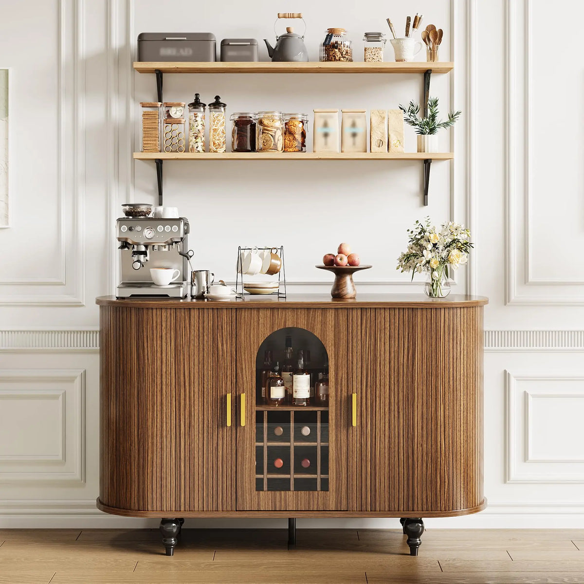 55in Mid Century Modern Bar Cabinet, Glass Doors, Sliding Door, Wine Rack & Glass Holder, Buffet Sideboard, Kitchen, Living Room