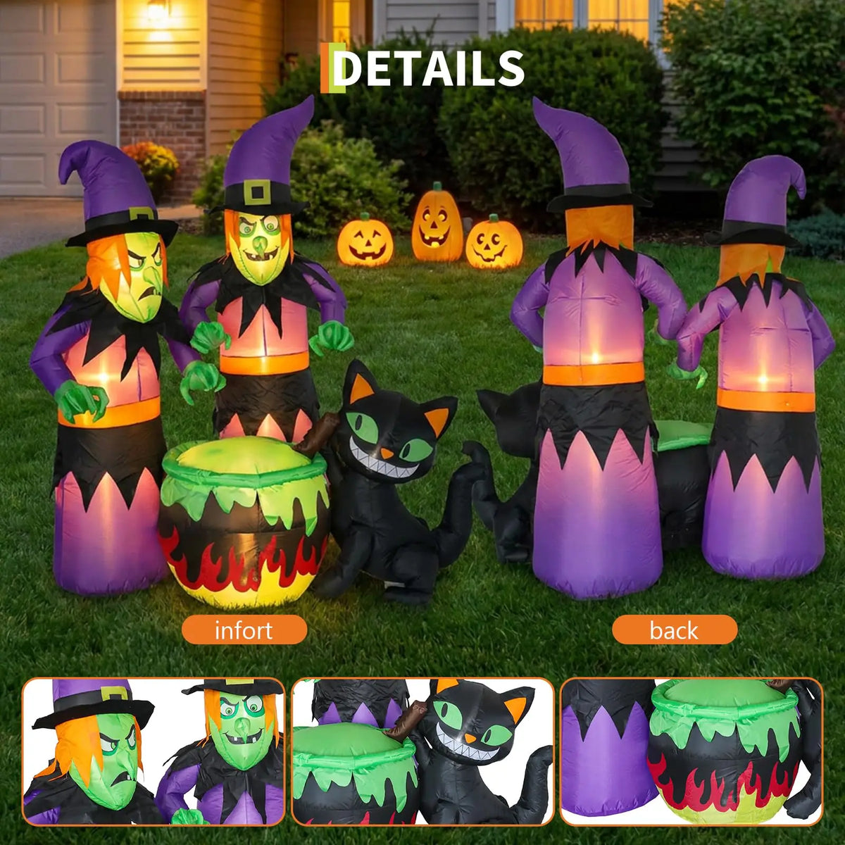 6ft Halloween Inflatable Witch Sisters Black Cat Cauldron With 6 Led Lights, Outdoor Yard Decor Blower For Lawn Porch Garden