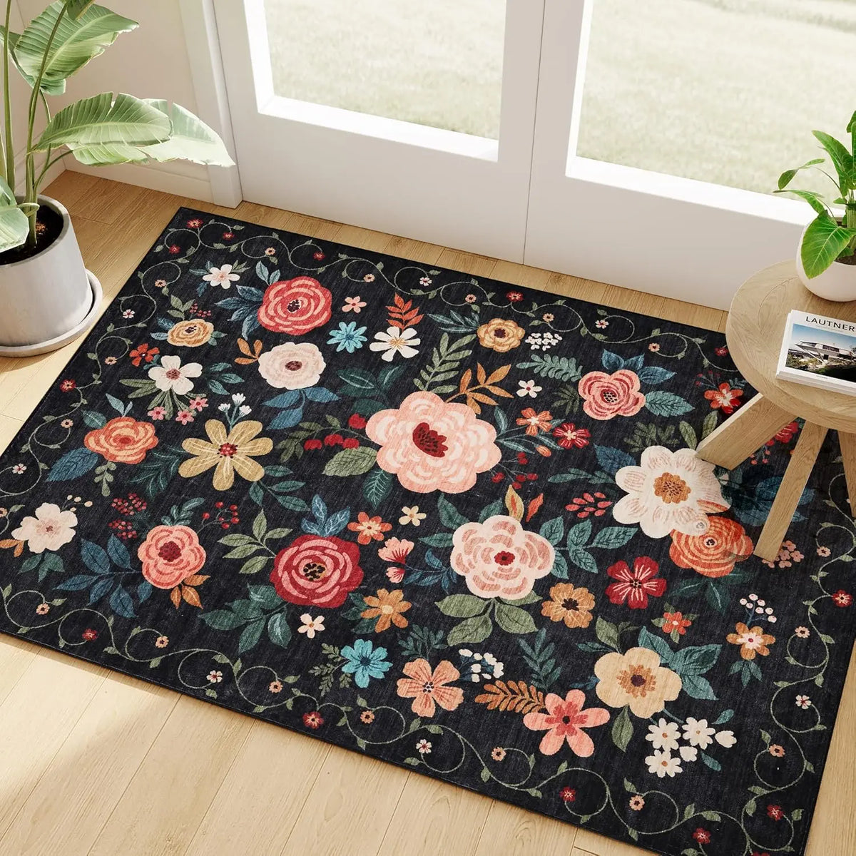 Retro Black Background Floral Bathroom Absorbent Floor Mat, American Countryside Floral Printed Foot Mat, Anti-Slip Quick-Drying Carpet for Bathroom Entrance