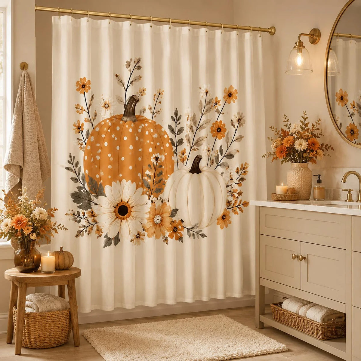 Autumn Pumpkin Floral Shower Curtain 71X71 Inches Polyester Fabric Farmhouse Fall Bathroom Decor with 12 Hooks Rustic Orange White Pumpkin Daisy Botanical Print