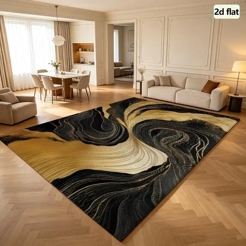 1 Piece Abstract Black And Gold Swirl Pattern Rug, Soft Comfortable, All Season, Lightweight Easy Care, Home Decor, Room Decor, Living Room Decor, Bedroom Decor, Dining Room Decor, Winter, Autumn