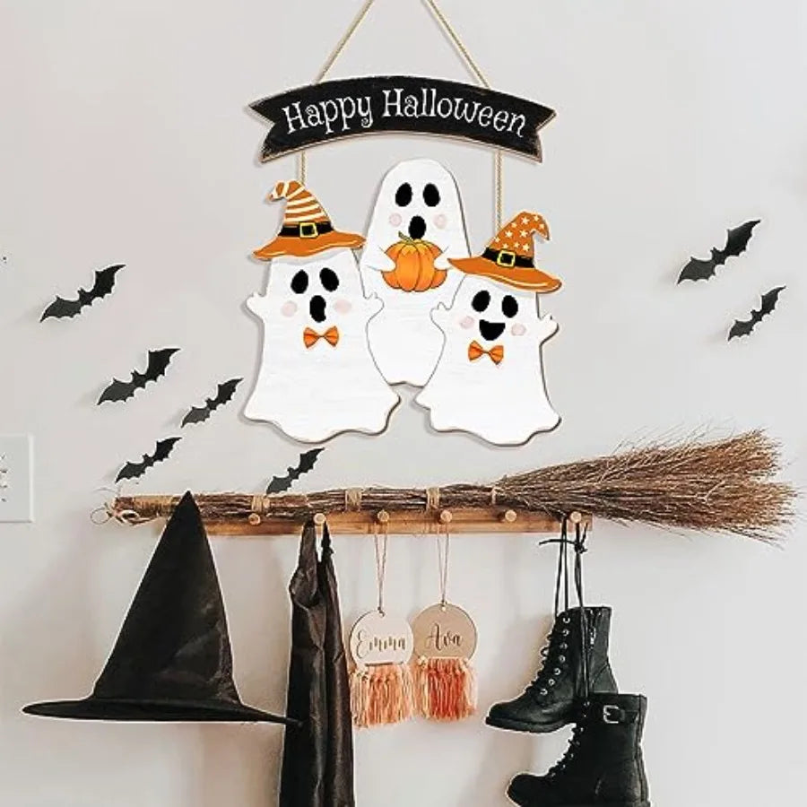 Halloween Ghost Door Sign BOO Decorations, Happy Halloween Wooden Ghost Hanging Sign for Front Door Hanger Wreath Decor, Hallow