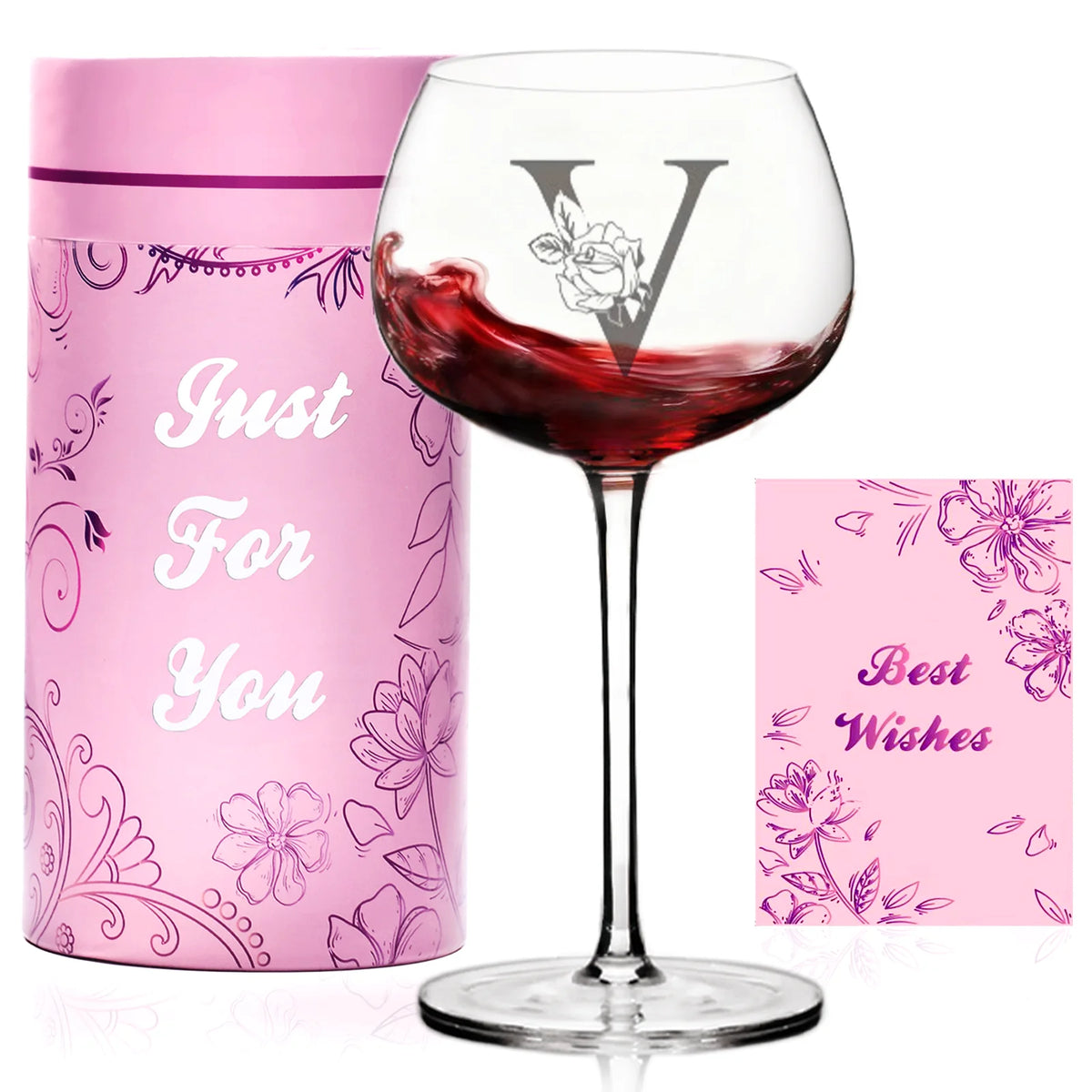 Personalized Wine Glasses Gifts for Women,Monogrammed Customized A-Z Initial Wine Gift for Women,Birthday Christmas Valentines Day gifts for Mom,Wife,Best Friend,Sister,Unique Gifts with Box And Greeting Card(Letter V)
