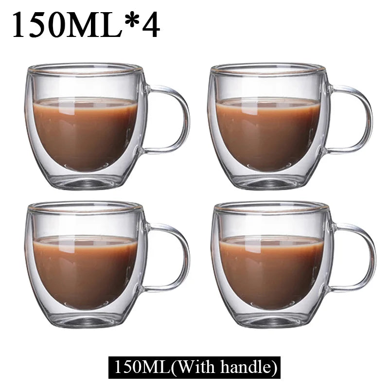150/250/350/450ml Heat‑Resistant Double‑Wall Transparent Glass Mug For Coffee Tea Milk Whiskey Wine Cold‑Beverage Household Drinkware