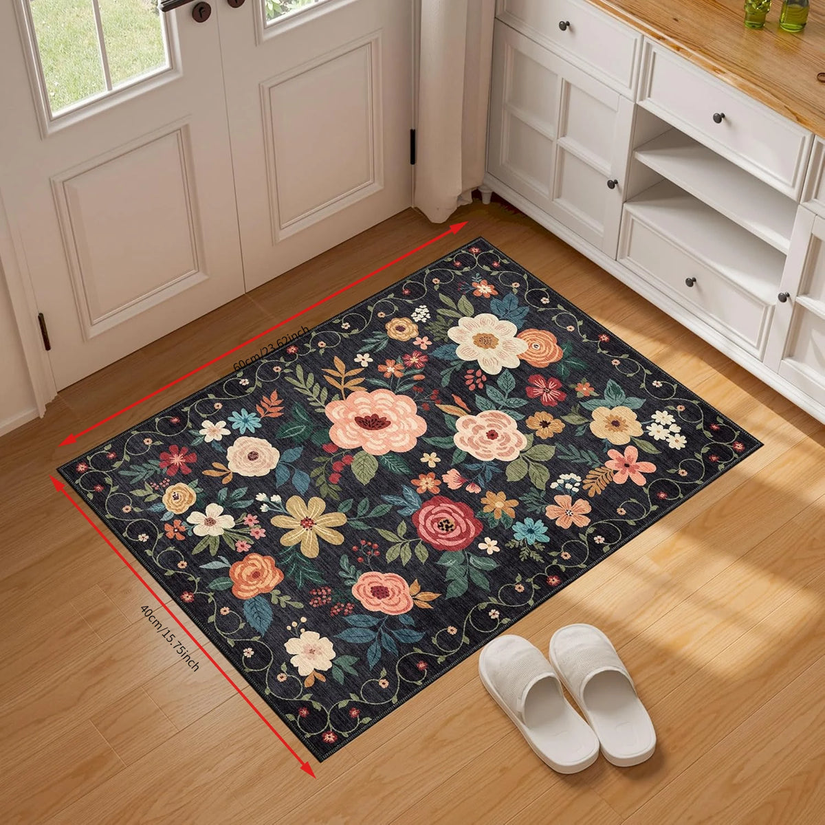 Retro Black Background Floral Bathroom Absorbent Floor Mat, American Countryside Floral Printed Foot Mat, Anti-Slip Quick-Drying Carpet for Bathroom Entrance