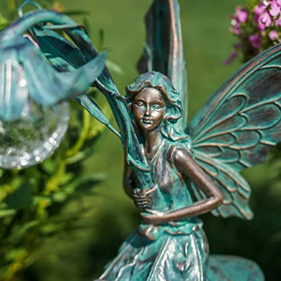 Garden Statues Fairy Sculptures and Statues, Outdoor Solar Light Garden Decor Resin Patina Bronze Figurines for Outdoor Decor,