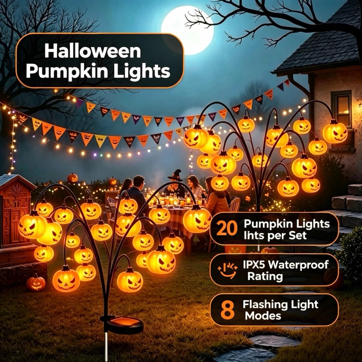 1 Set / 2 Sets of Halloween solar swaying pumpkin lamps, Floor-standing lamps, Decorative lights for creating a terrifying outdoor Halloween atmosphere. One lamp features 20 warm white LEDs, an extended support pole of 100cm,
