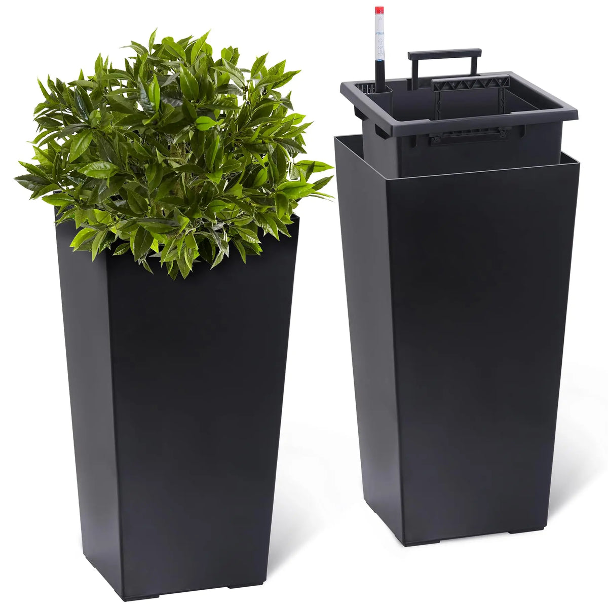 Tall Planters Set of 2, Outdoor＆Indoor Black Planter Pots, High Front Porch Planter Pots With Drainage Holes＆Water Level Monitor＆Inner Bucket, Automatic Watering
