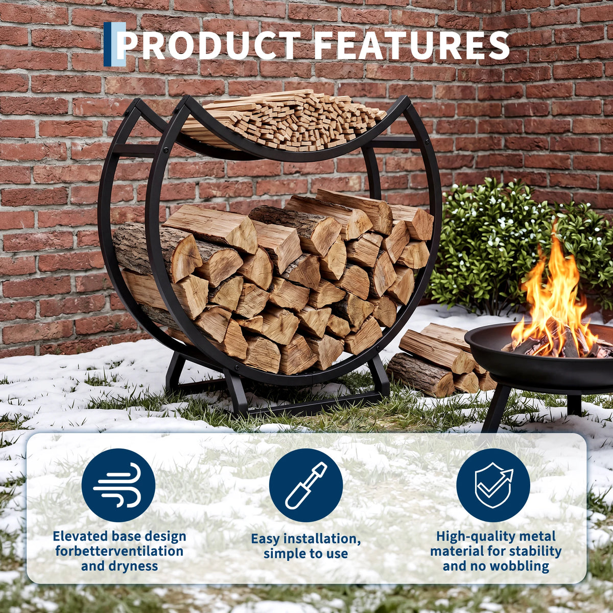 Round Firewood Rack Heavy Duty Iron Log Holder For Indoor Outdoor Fireplace Storage, Space Saving Metal Wood Rack For Patio Hearth