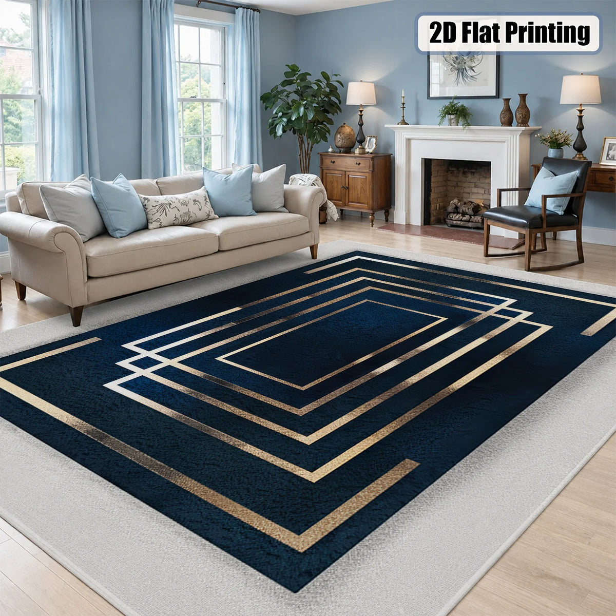 Large Indoor Area Rug, Soft Velvet Low Pile Non-Slip Dotted Backing Machine Washable, Navy Blue & Gold Geometric Rectangular Pattern, Ideal for Living Room Bedroom Entryway Home Floor Decor