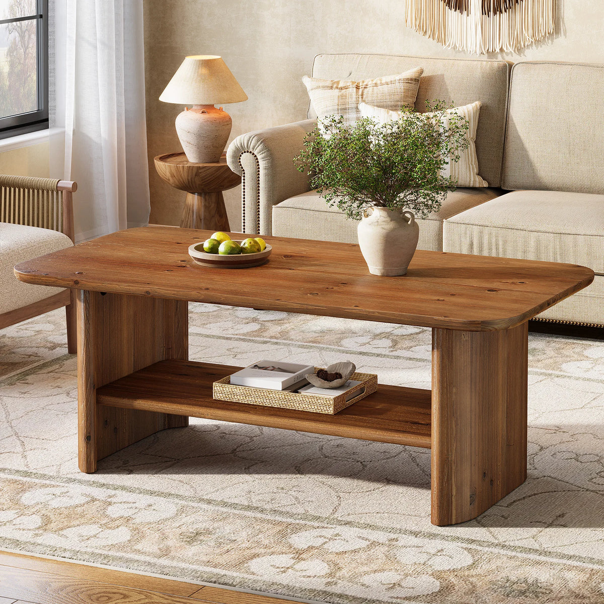 Tribesigns Farmhouse Solid Wood Coffee Table With Two Tier Storage