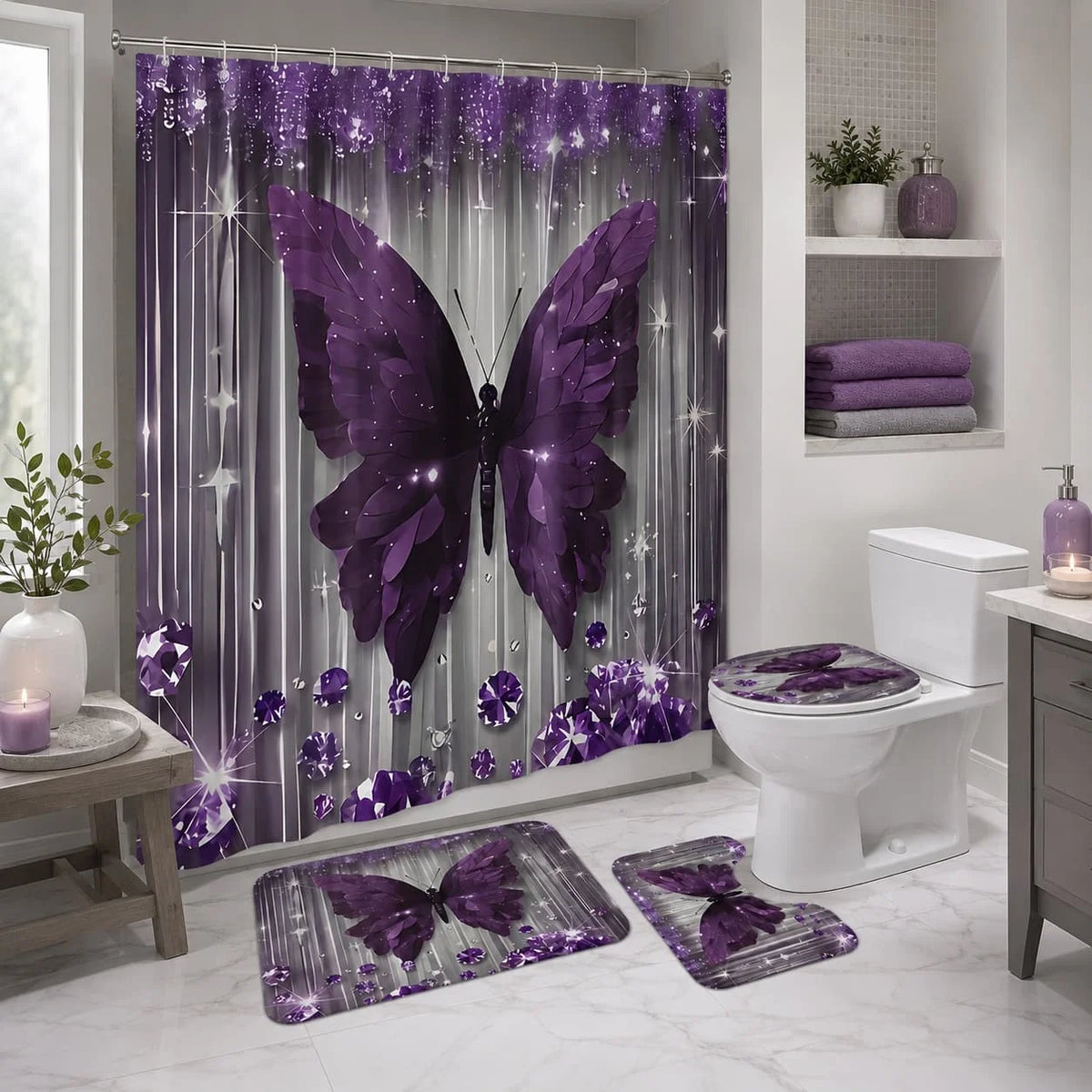 4pcs Purple Butterfly Bathroom Set with Shower Curtain, Non-Slip Rug & Toilet Cover - Machine Washable Suitable for Bath Decor, U-Shaped Mat, Hooks Included, Complete Bath Accessories for And