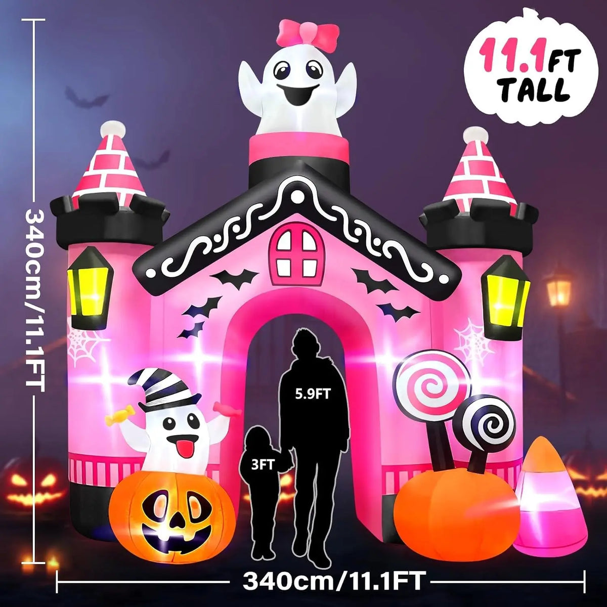 11 FT Halloween Inflatables Ghost Archway Outdoor Decor, Pink Castle Blow Up Yard Decoration with Built-in Lights, Scary Inflatable for Yard, Garden, Lawn, Indoor & Outdoor Use