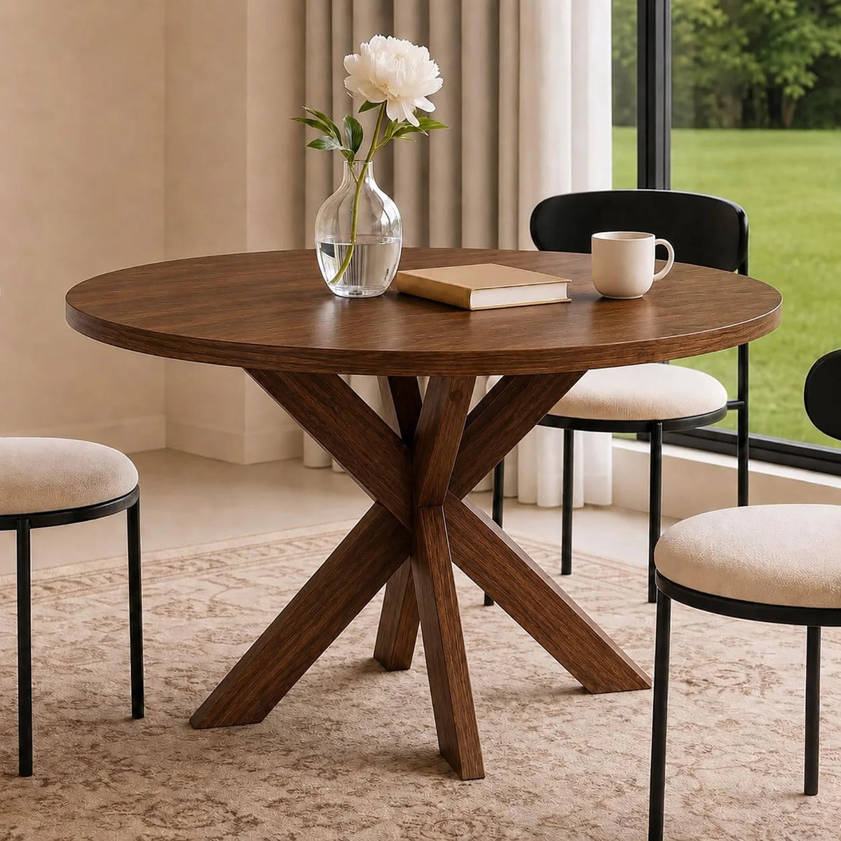 47" Round Dining Table For 4-6, Farmhouse Wood Kitchen Table With X Pedestal Base, Circle Table For Dining Room Apartment Restaurant