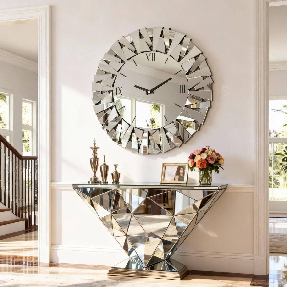 Large Wall Clock 3D Mirrored Clocks Sunburst Edge 32"/80CM Round Roman Numeral Modern Living Room Dining Room Fireplace Decor