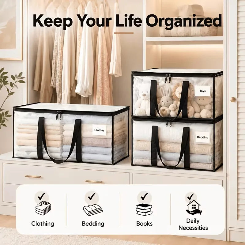 5pcs Heavy-Duty Moving Bags with Reinforced Handle - Oversized Storage Totes, Snap-Close Lid & Plastic Suitable for Clothes, Quilts,, Moving Supplies - Space Saver Bags(Includes 3 Drawstring Pockets)