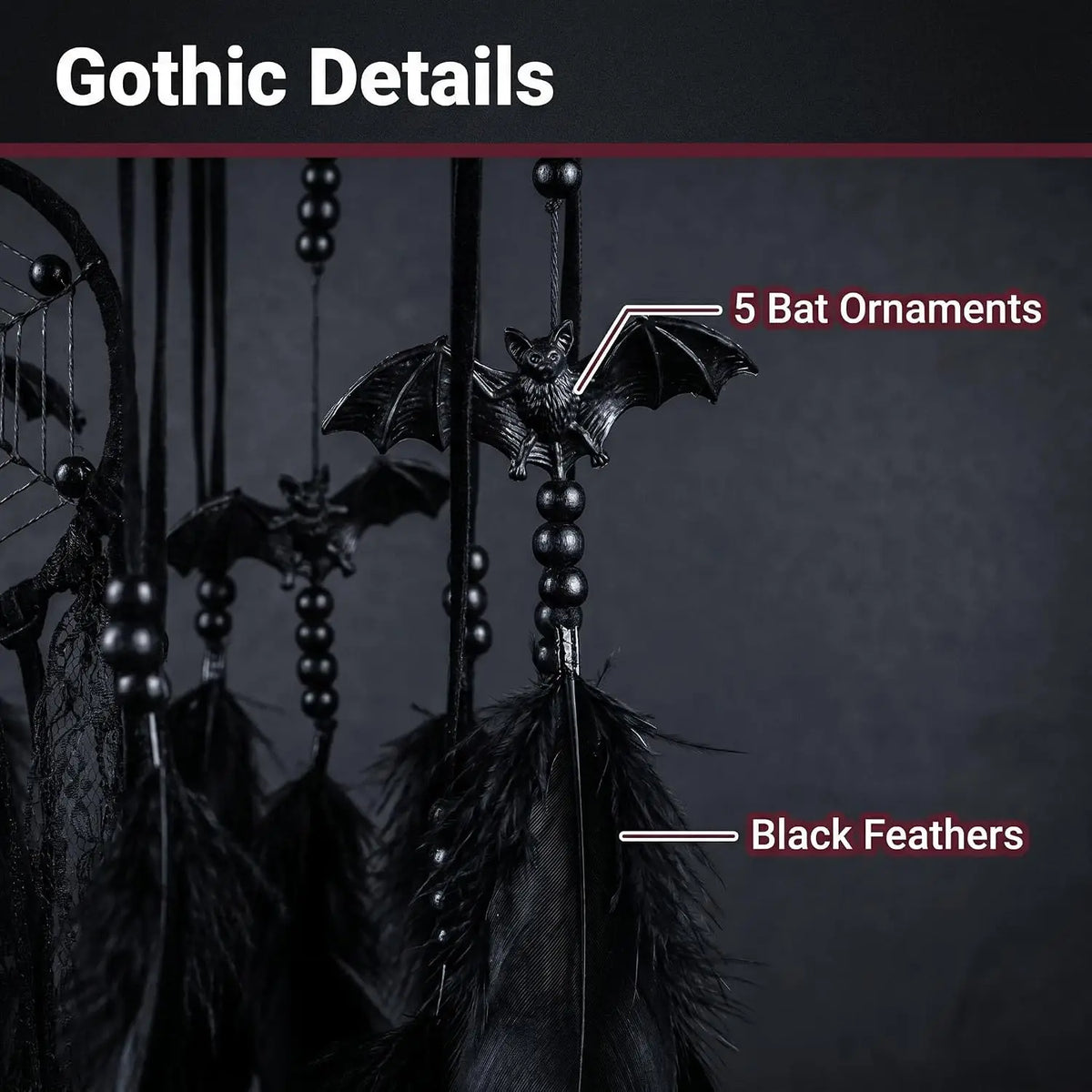 Halloween Gothic Black Dreamcatcher with 5 Bat Ornaments - Wall Hanging for Witchy Home Outdoor Decor, Halloween Bat Decor, Dark Gothic Gift, Goth Wall Hanging Decor
