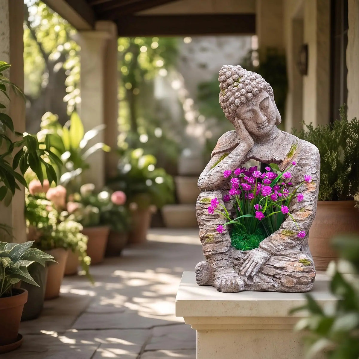 Seated Resin Buddha Garden Statue Distressed Stone Finish With Planting Opening Weatherproof Zen Sculpture Decor For Patio Yard Porch Entryway Indoor Meditation Space