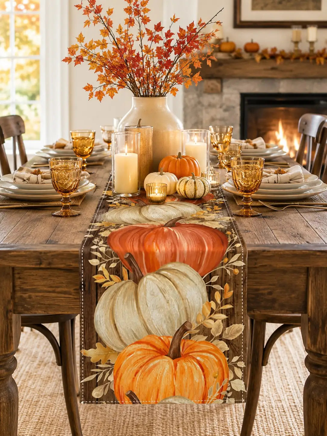 1pc-Fall Linen Table Runner, Patchwork Pumpkin Maple Leaf Table Decor, Rustic Farmhouse Autumn Dining Table Runner For Kitchen, Thanksgiving Harvest Holiday Decoration, Seasonal Centerpiece Cover For Everyday Use, Parties And