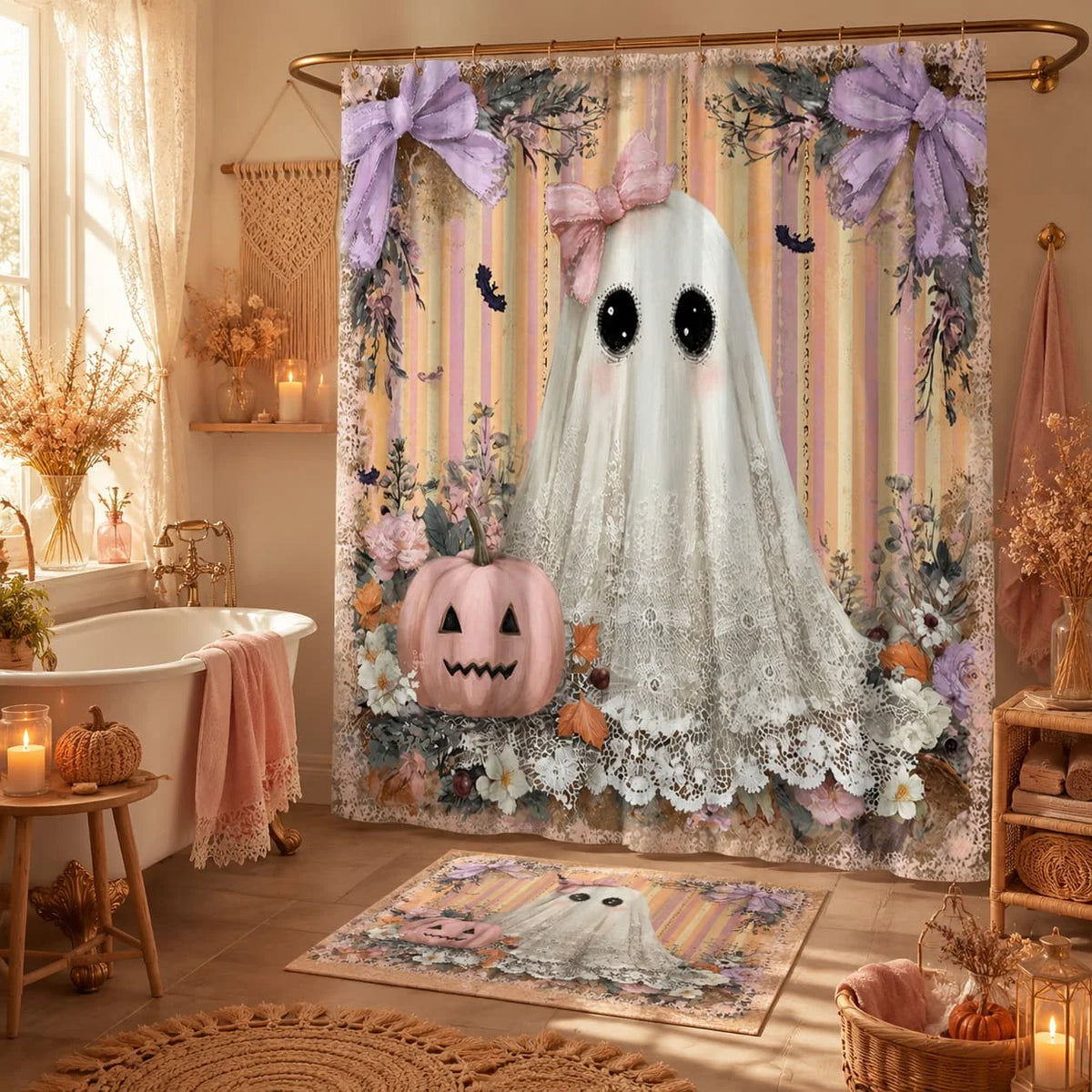2D Flat, 1pc 2D Flat Halloween Ghost Shower Curtain Cute Lace Ghost with Pink Bow And Pumpkin Floral Theme Bathroom Decor Polyester Fabric Bath Hanging Curtain