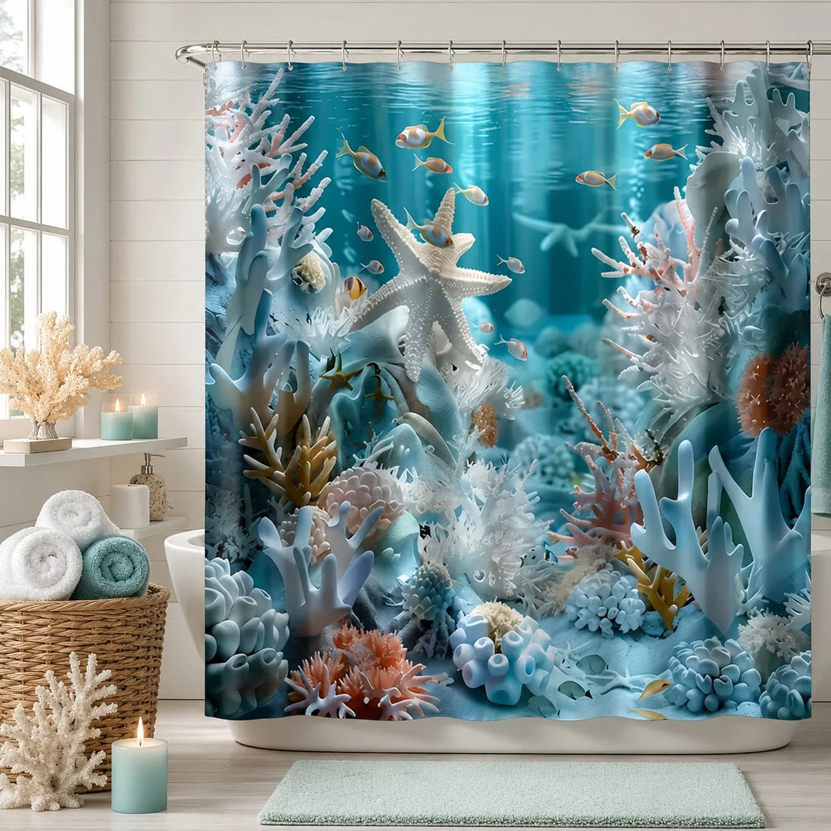 [Ocean Seashell Shower Curtain] 2 D Shower / Bath Curtain 1pc Ocean Seashell Starfish Coral Pattern Shower Curtain, Made of Durable Material, Multiple Sizes Available, Easy to Care For, with Hooks, Machine Washable, Perfect f