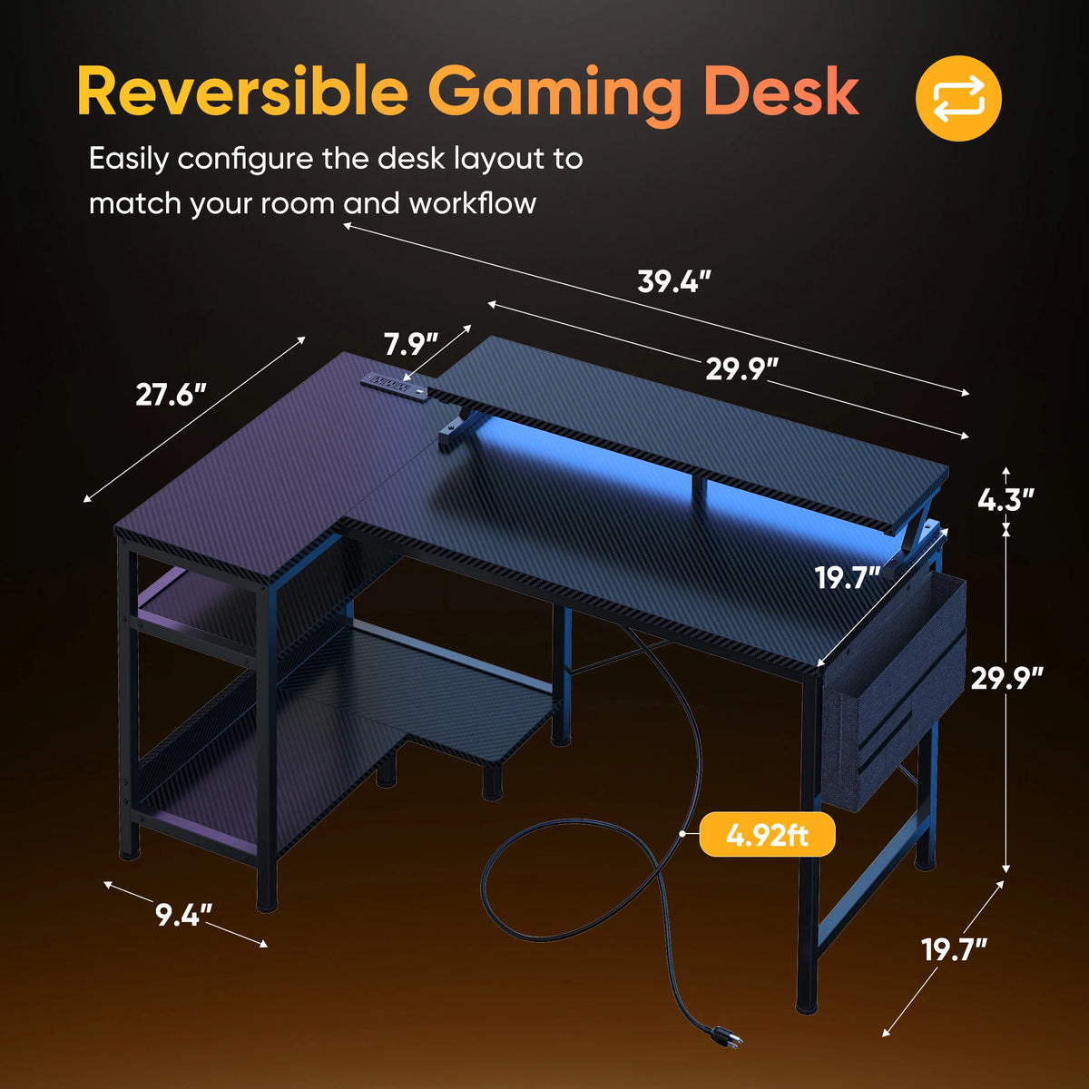 JHK L Shaped Computer Desk With Storage Shelves LED Lights