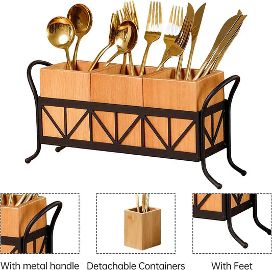 Garvee Home Waterproof Acacia Wood Utensil Holder for Kitchen – 3 Removable Compartments, Portable Handles – Countertop Flatware Organizer for Parties, BBQ, Home – Dark Brown, 34×9×15.5cm