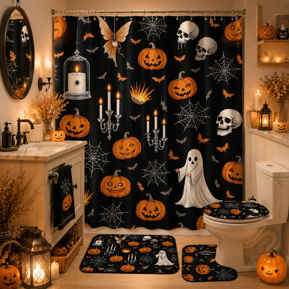 4pcs Halloween Printed Shower Curtain Set, Includes 12 Plastic Hooks, Machine Washable, Bathroom Accessories, Holiday Decor, Holiday Gift, Bathroom Decoration, Home Decor